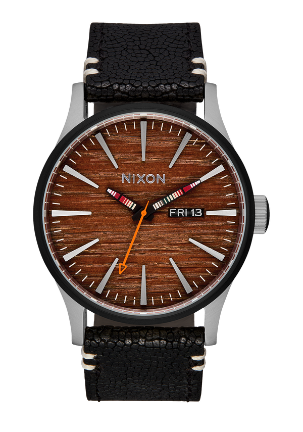 nixon Sentry Leather Watch | Silver / Rosewood / Black | Leather Analog