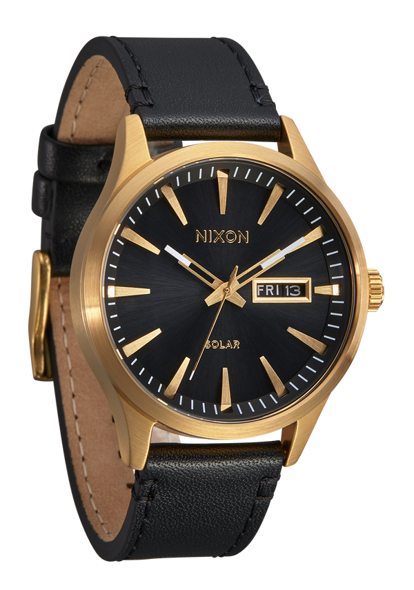 Nixon Sentry Solar Leather Watch | All Gold / Black | Solar-Powered