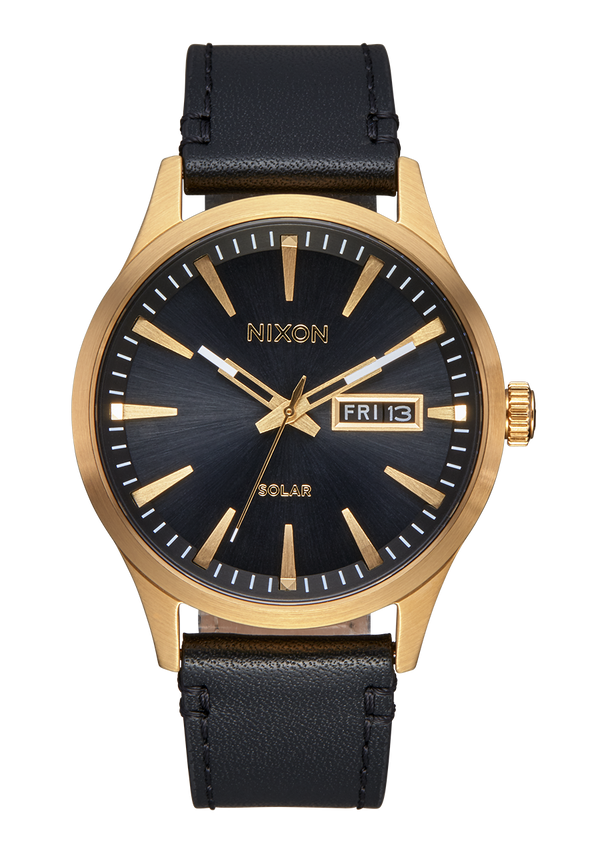 nixon Sentry Solar Leather Watch | All Gold / Black | Solar-Powered