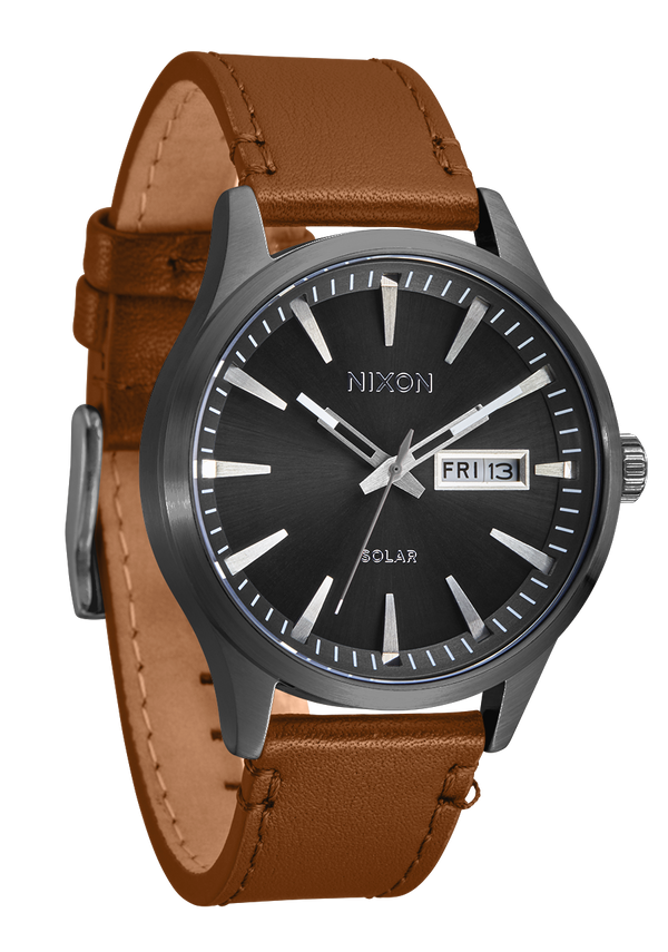Nixon Sentry Solar Leather Watch | Gunmetal | Solar-Powered