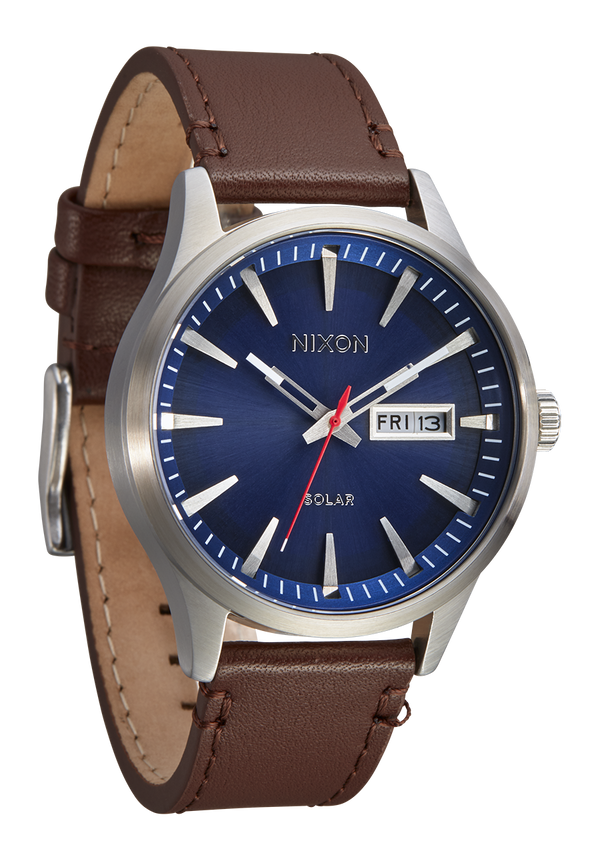 Nixon Sentry Solar Leather Watch | Navy Sunray / Silver | Solar-Powered