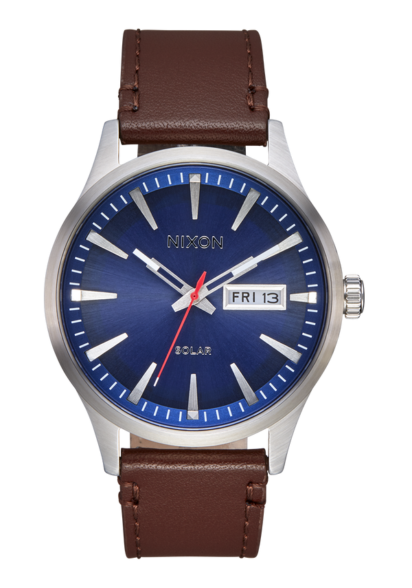 nixon Sentry Solar Leather Watch | Navy Sunray / Silver | Solar-Powered