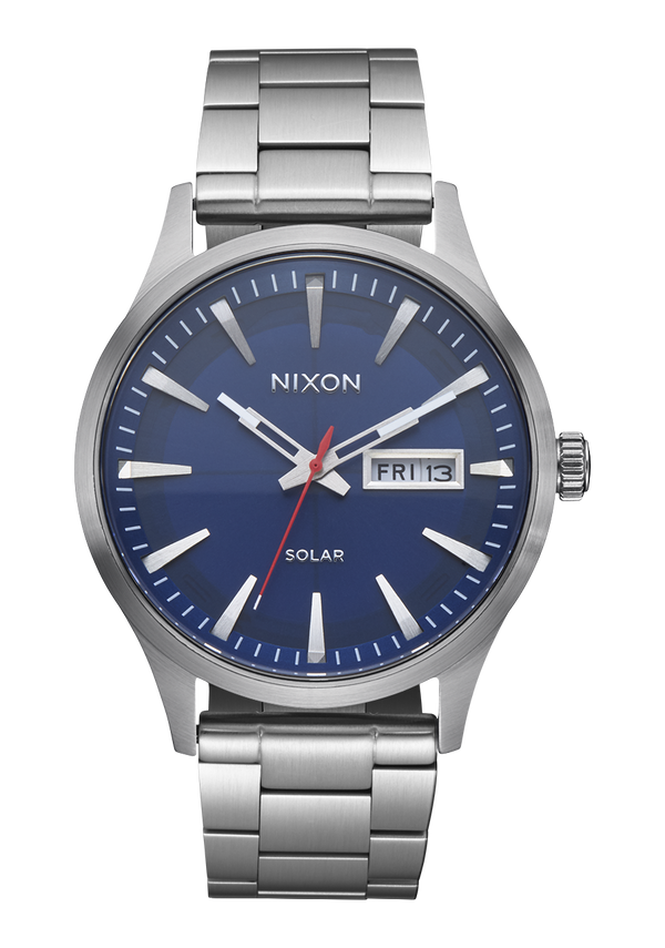 nixon Sentry Solar Stainless Steel | Navy Sunray / Silver | Blue Face Silver Watch