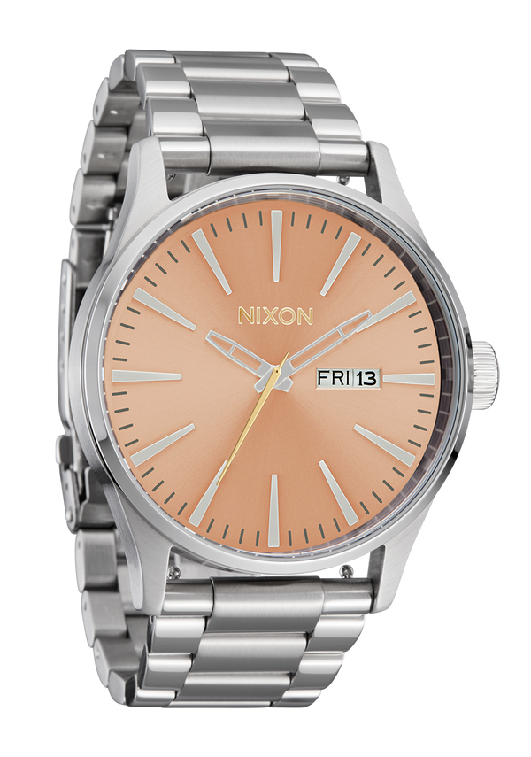 Nixon Sentry Stainless Steel Watch | Silver / Coral | Unique Wristwatch