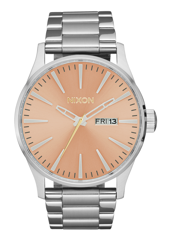 nixon Sentry Stainless Steel Watch | Silver / Coral | Unique Wristwatch