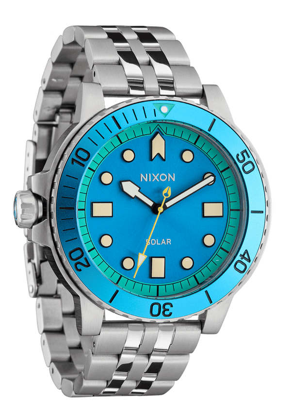 Nixon Stinger 44 Watch | Silver / Byron Blue / Green | Stainless Steel Dive Watch | Solar-Powered