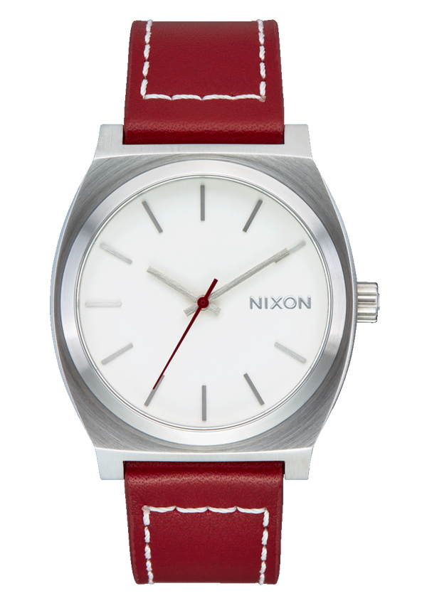nixon Time Teller Leather Watch | Silver / Egret / Cranberry | Unisex Stainless Steel