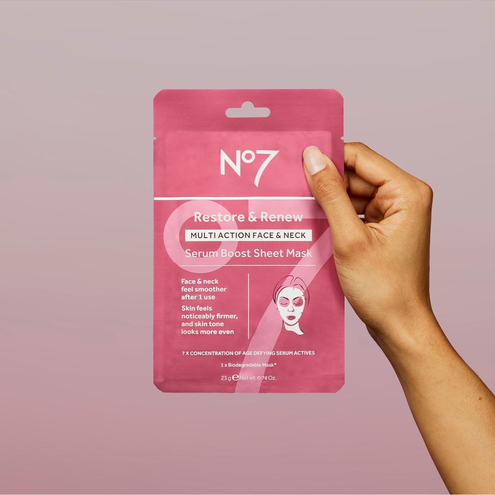 No7 Restore & Renew FACE & NECK MULTI ACTION Serum Boost Sheet Mask