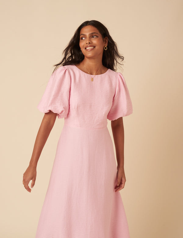 Nobody’s Child Baby Pink Puff Sleeve Zola Midi Dress
