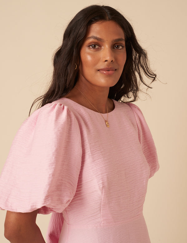 Nobody’s Child Baby Pink Puff Sleeve Zola Midi Dress
