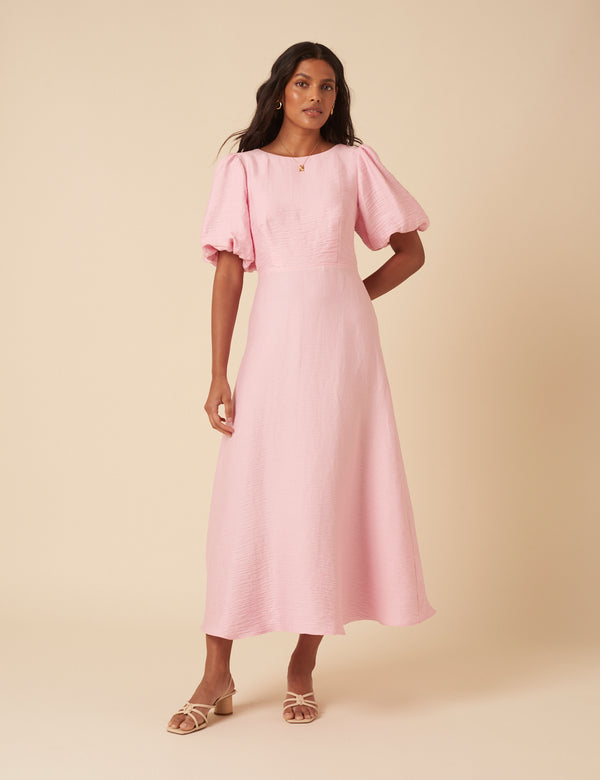 nobody’s child Baby Pink Puff Sleeve Zola Midi Dress