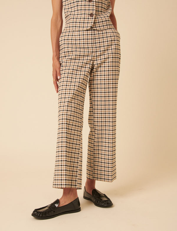 Nobody’s Child Beige Gingham Check Tailored Cropped Trousers