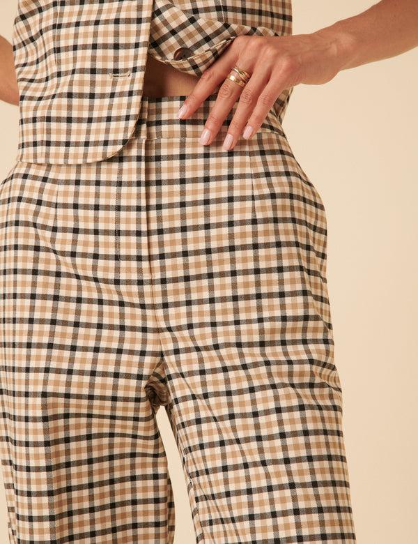Nobody’s Child Beige Gingham Check Tailored Cropped Trousers