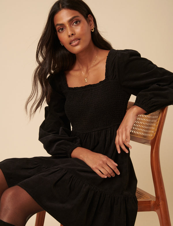 Nobody’s Child Black Balloon Sleeve Cord Tiered Elsa Mini Dress