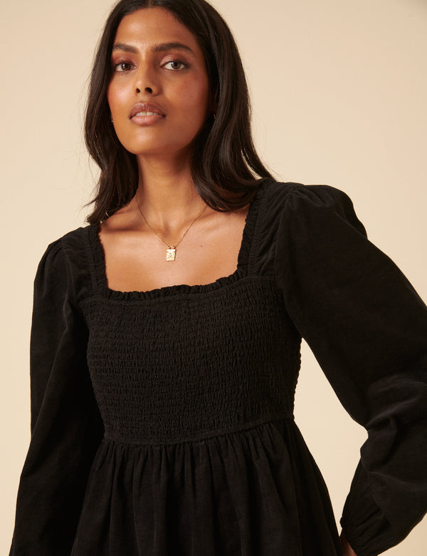 Nobody’s Child Black Balloon Sleeve Cord Tiered Elsa Mini Dress