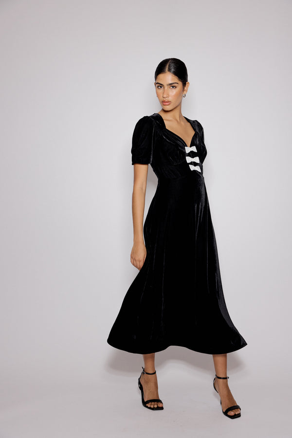 Nobody’s Child Black Bow Front Velvet Eleanor Midi Dress