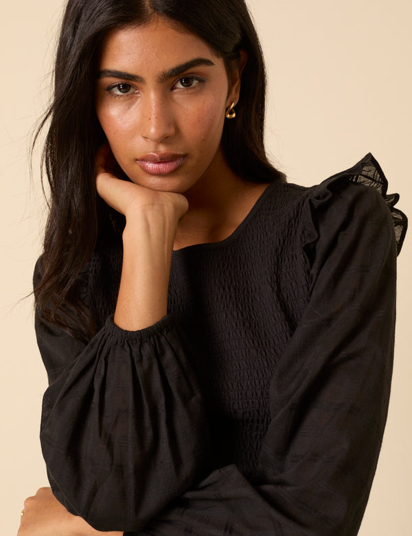 nobody’s child Black Check Balloon Sleeve Frill Top