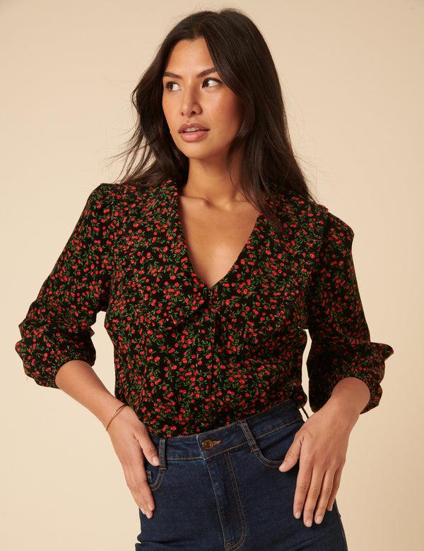 Nobody’s Child Black Cherry Print Cord Emmie Blouse