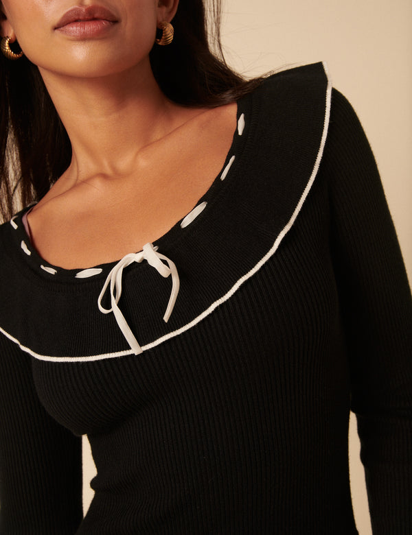 Nobody’s Child Black Collared Long Sleeve Knitted Mini Dress