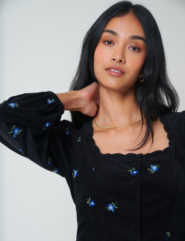 Nobody’s Child Black Cord Floral Embroidered Memphis Mini Dress