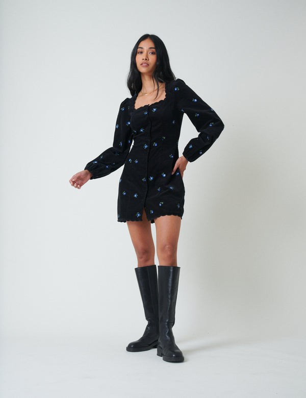 Nobody’s Child Black Cord Floral Embroidered Memphis Mini Dress