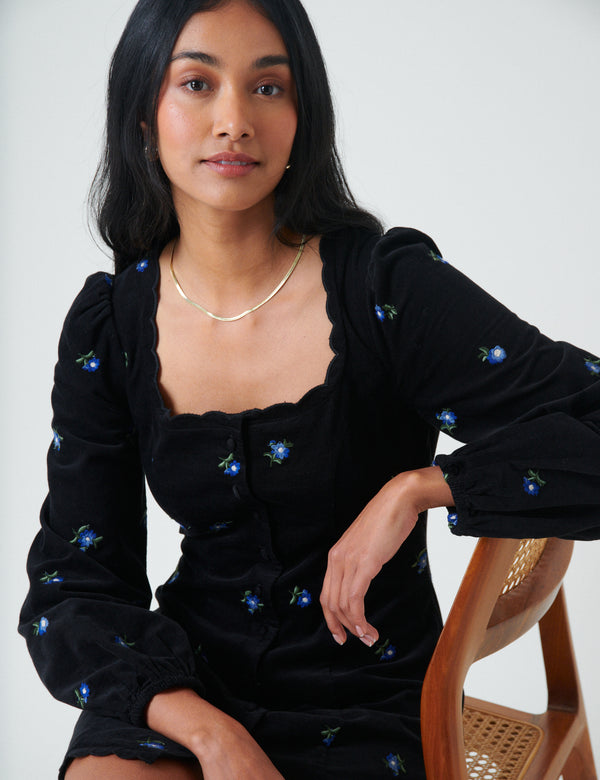 Nobody’s Child Black Cord Floral Embroidered Memphis Mini Dress