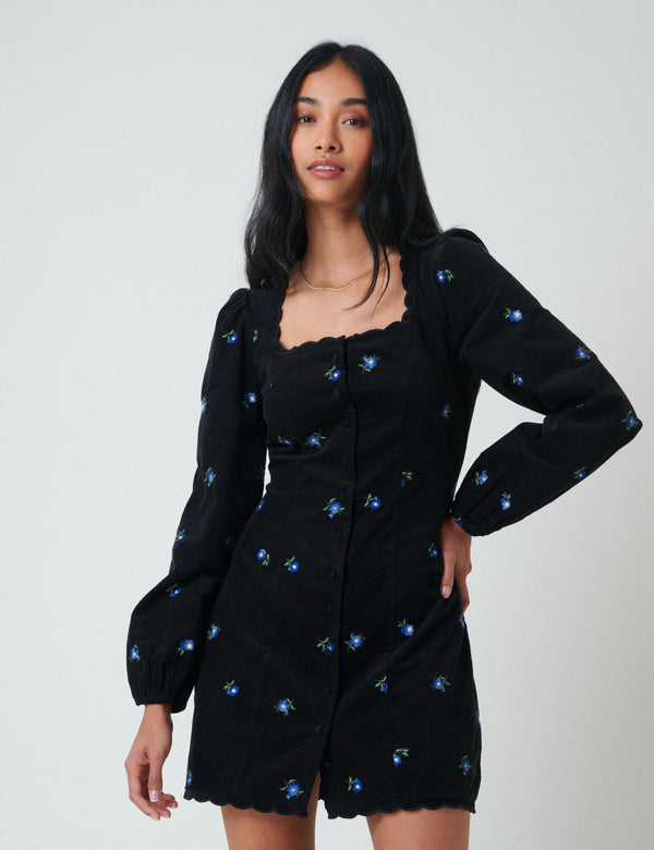 nobody’s child Black Cord Floral Embroidered Memphis Mini Dress
