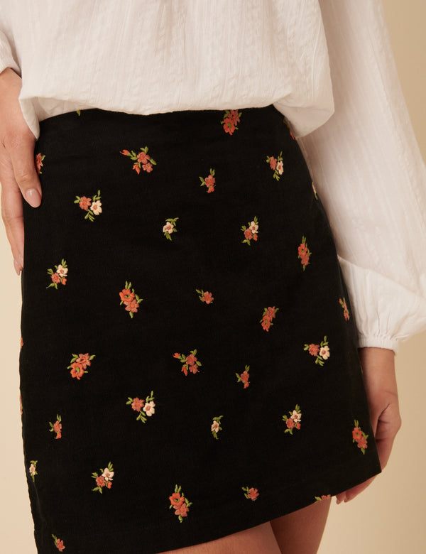 Nobody’s Child Black Cord Floral Embroidered Mini Skirt