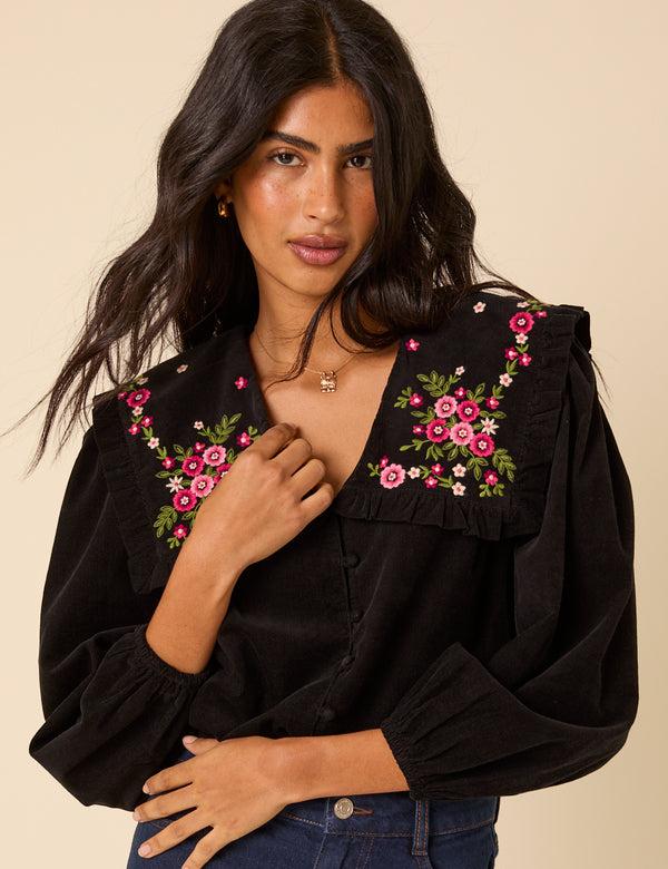 Nobody’s Child Black Cord Floral Embroidered Oversized Ruffle Collar Blouse