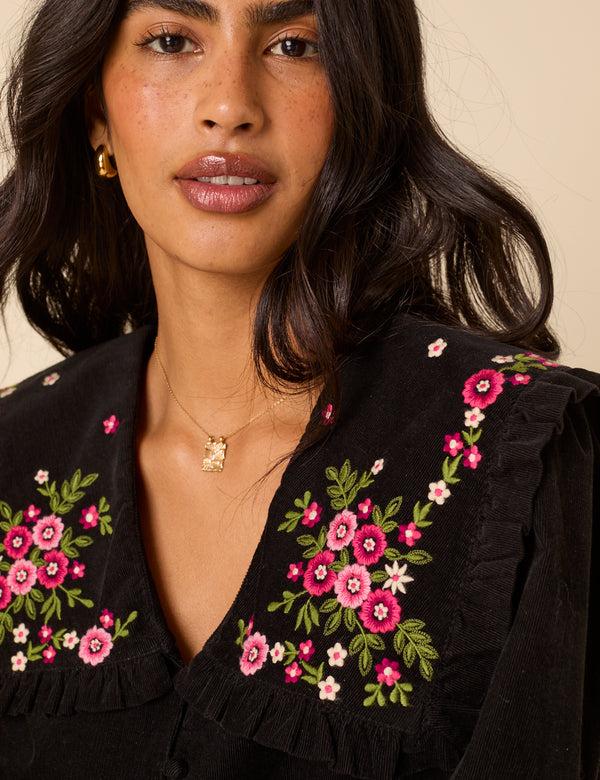 Nobody’s Child Black Cord Floral Embroidered Oversized Ruffle Collar Blouse