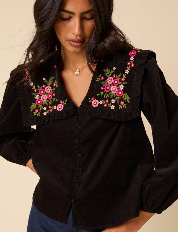 nobody’s child Black Cord Floral Embroidered Oversized Ruffle Collar Blouse