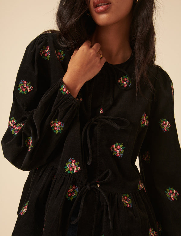 Nobody’s Child Black Cord Floral Embroidered Tie Front Blouse