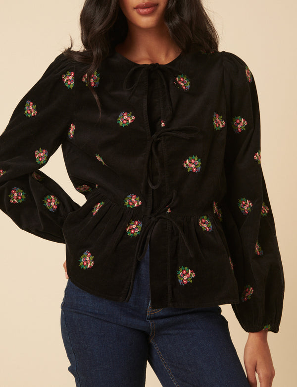 Nobody’s Child Black Cord Floral Embroidered Tie Front Blouse