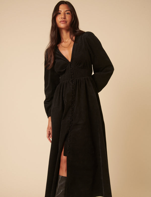 Nobody’s Child Black Cord Long Sleeve Riley Midi Dress
