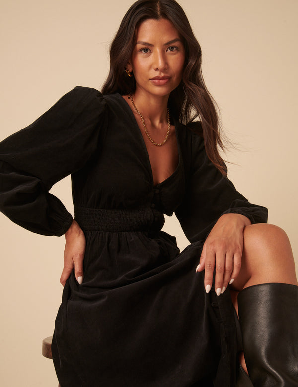 Nobody’s Child Black Cord Long Sleeve Riley Midi Dress