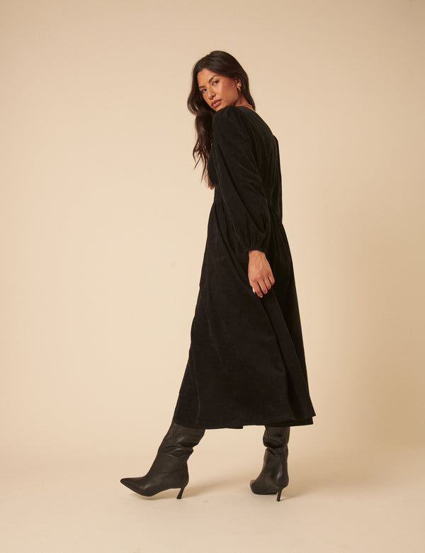 Nobody’s Child Black Cord Long Sleeve Riley Midi Dress