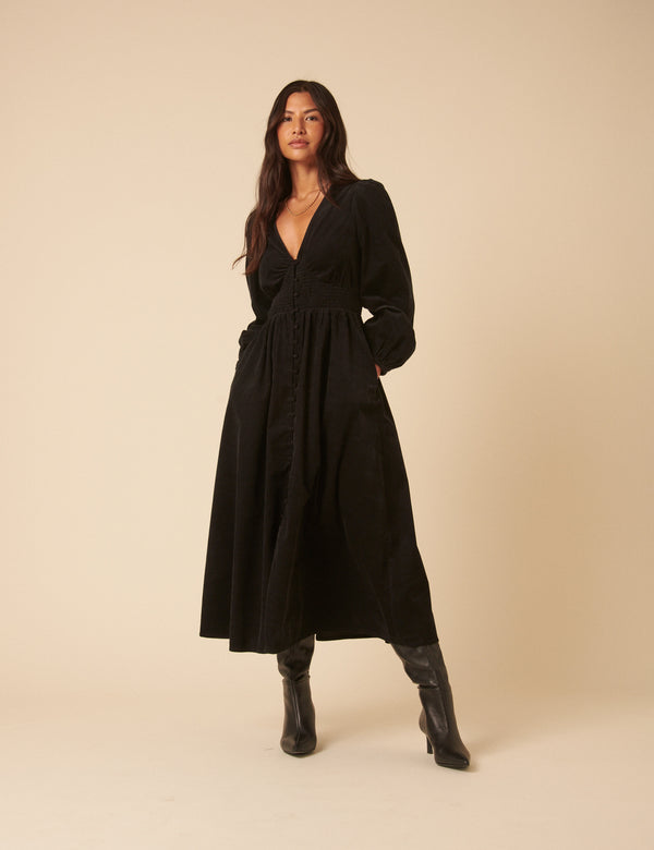 nobody’s child Black Cord Long Sleeve Riley Midi Dress