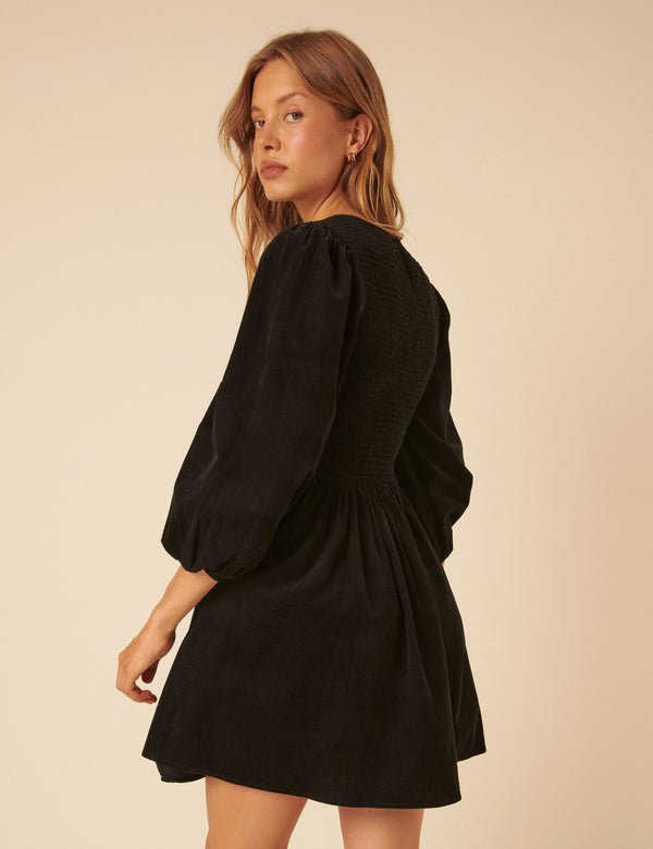 Nobody’s Child Black Cord Long Sleeve Shirred Bambi Mini Dress