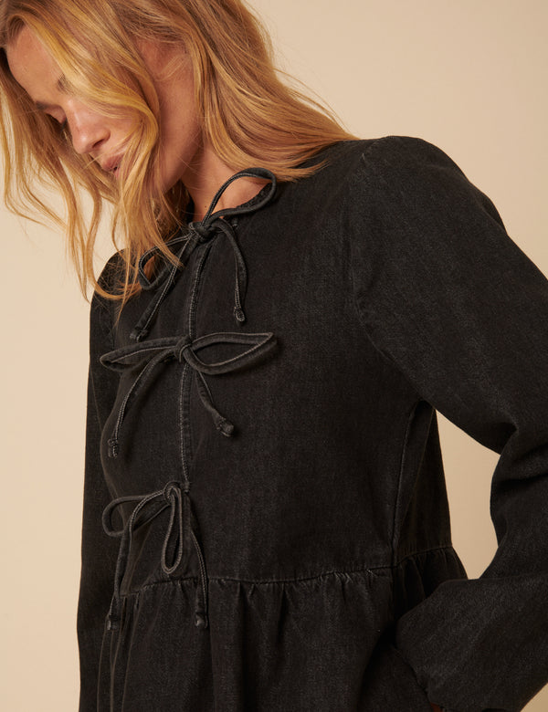 Nobody’s Child Black Denim Tie Front Eden Mini Dress