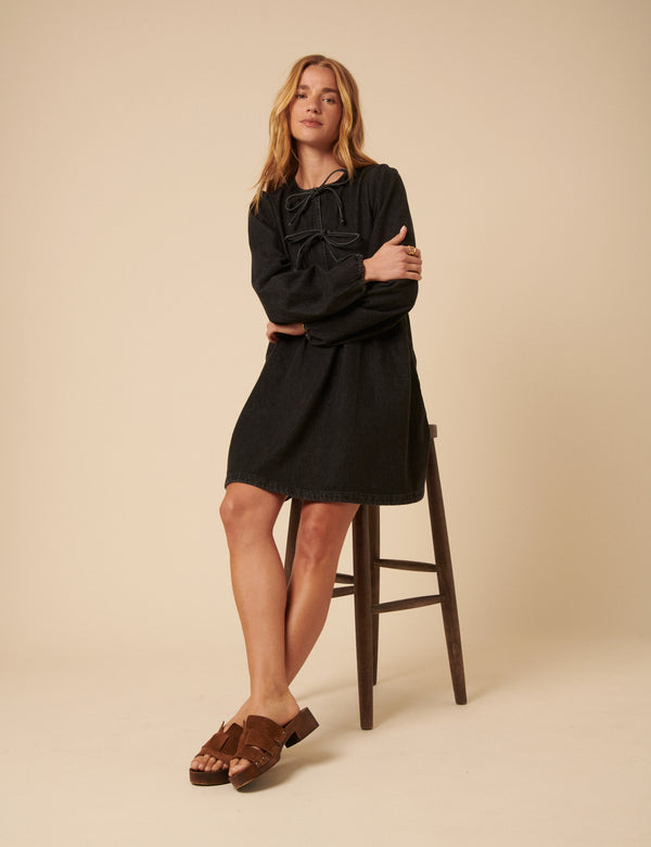 Nobody’s Child Black Denim Tie Front Eden Mini Dress