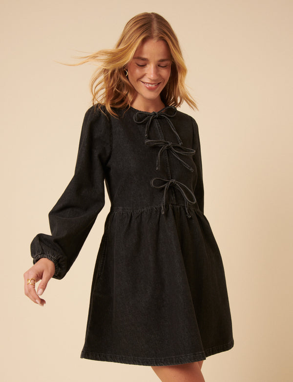 Nobody’s Child Black Denim Tie Front Eden Mini Dress