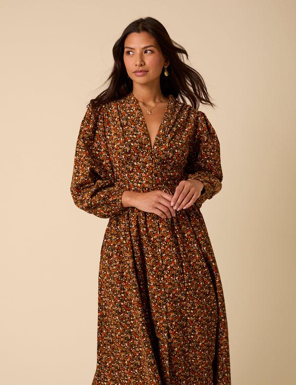 Nobody’s Child Black Ditsy Floral Cord Starlight Midi Dress