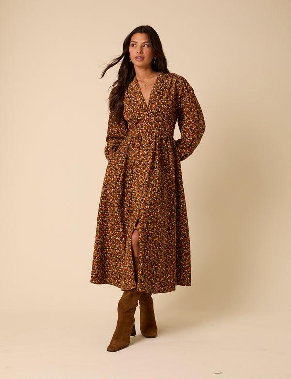 Nobody’s Child Black Ditsy Floral Cord Starlight Midi Dress