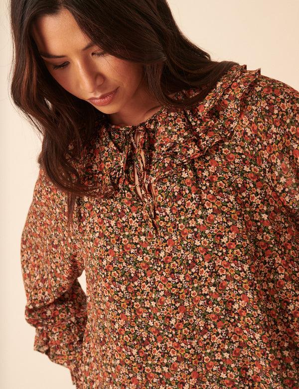 Nobody’s Child Black Ditsy Floral Flared Sleeve Blouse