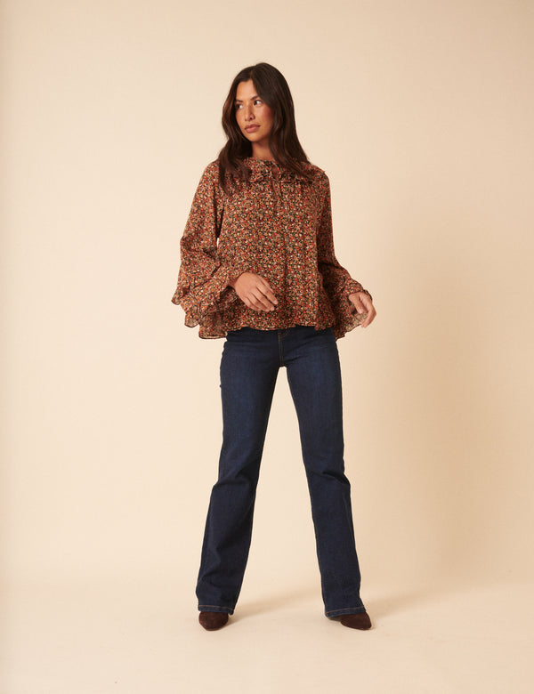 Nobody’s Child Black Ditsy Floral Flared Sleeve Blouse