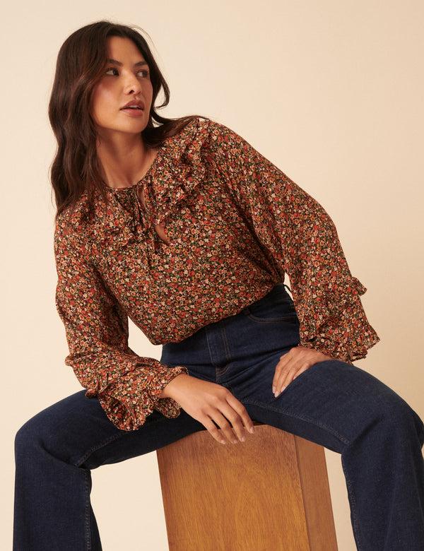 nobody’s child Black Ditsy Floral Flared Sleeve Blouse