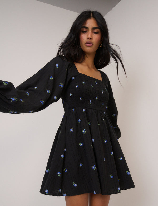 nobody’s child Black Ditsy Floral Long Sleeve Bella Mini Dress