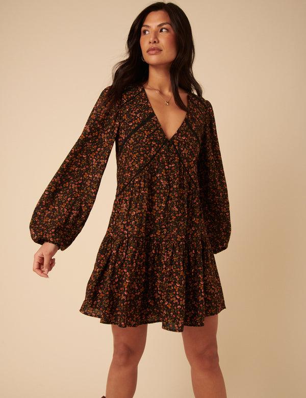 nobody’s child Black Ditsy Floral Long Sleeve Marley Mini Dress