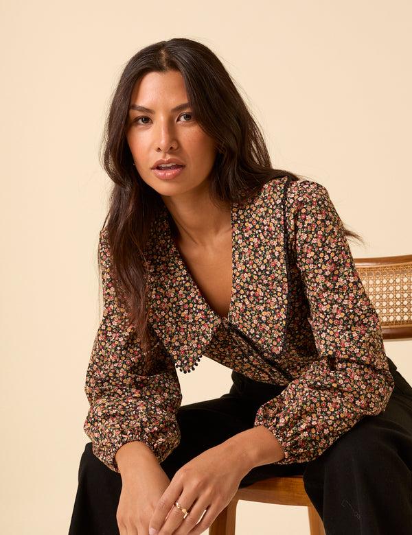 Nobody’s Child Black Ditsy Floral Peter Pan Collar Blouse