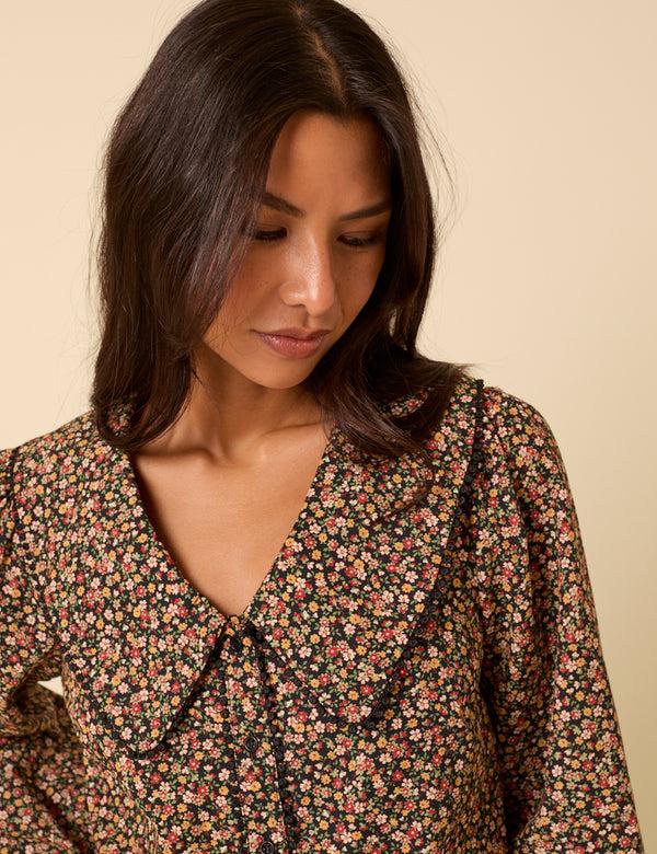 Nobody’s Child Black Ditsy Floral Peter Pan Collar Blouse